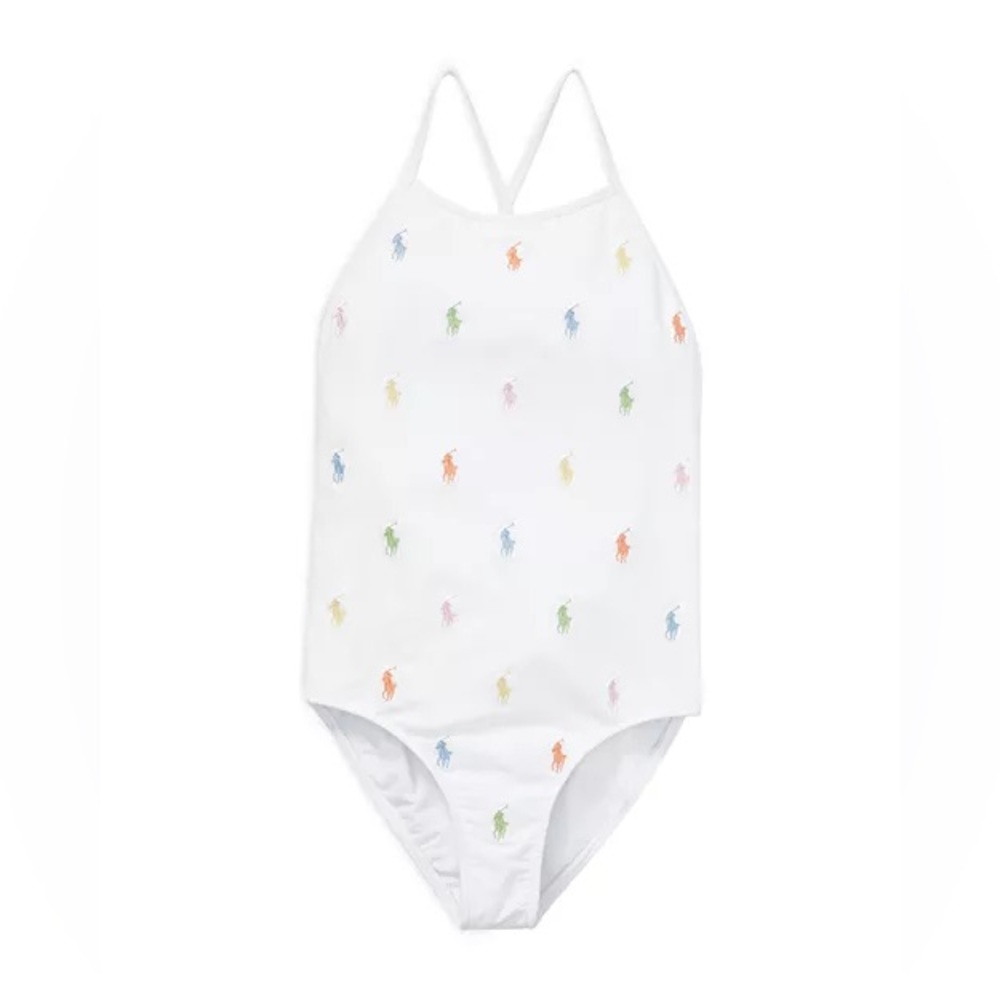 NWT POLO RALPH LAUREN GIRLS MULTICOLOR LOGO PEPLUM ONE PIECE SWIMSUIT $65